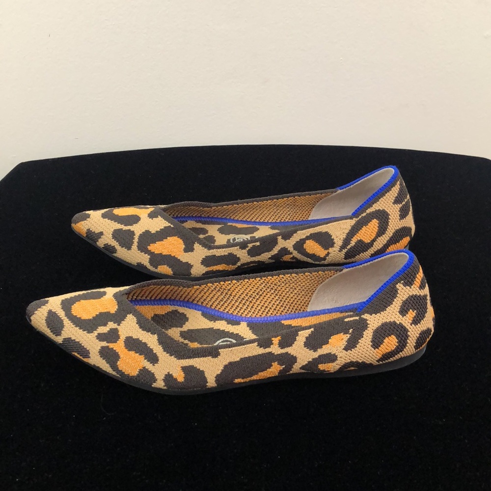 Rothy's Leopard Print Pointed Flats with Blue Trim - Picture 4 of 9